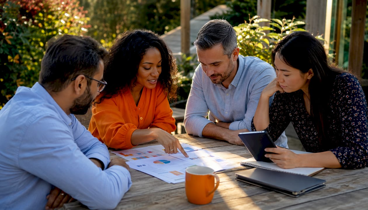 Diverse team collaborating on HR strategies in meeting