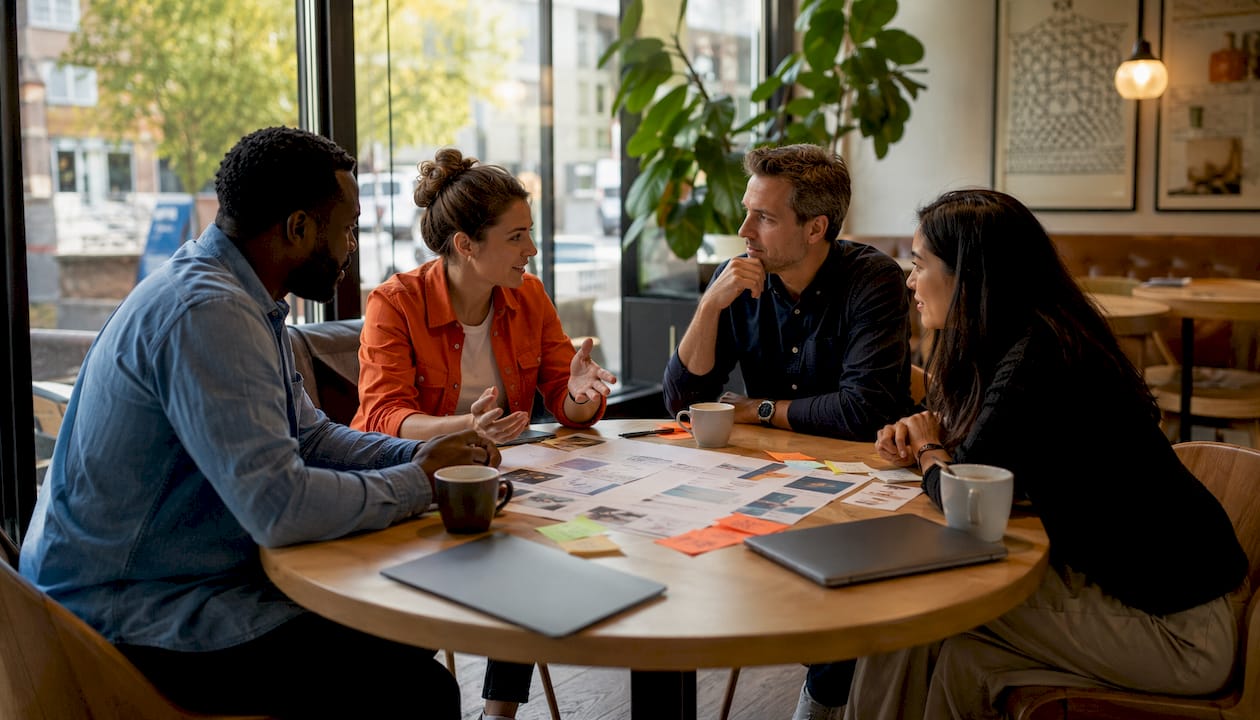 HR team reviewing recruitment platforms around conference table