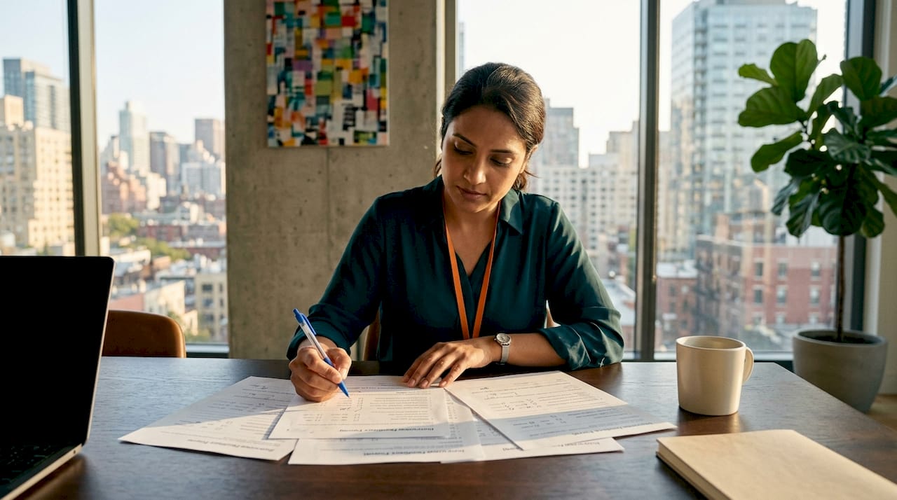 HR manager reviewing interview forms