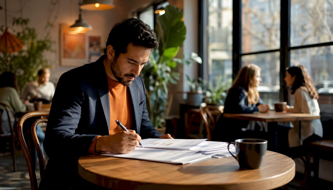 Recruiter reviewing applicant resumes at desk