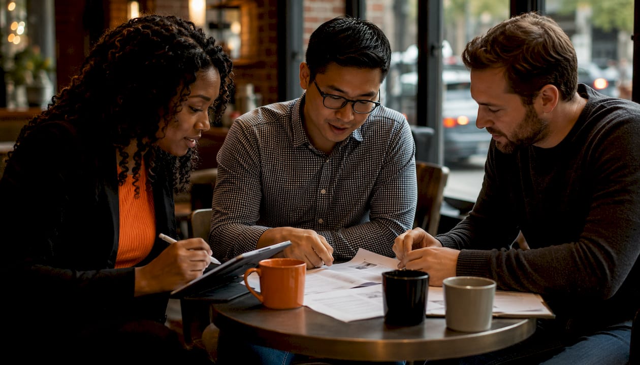 Hiring panel reviewing candidate applications around table
