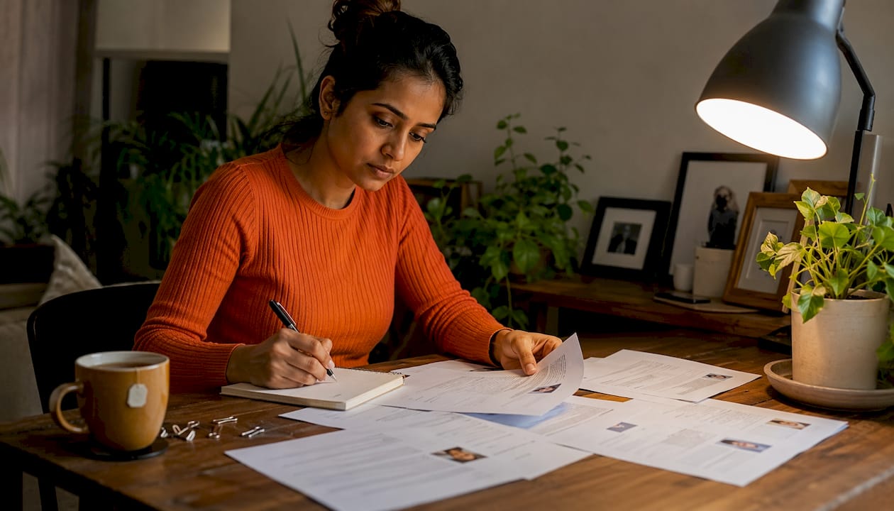 HR manager reviewing resumes at desk