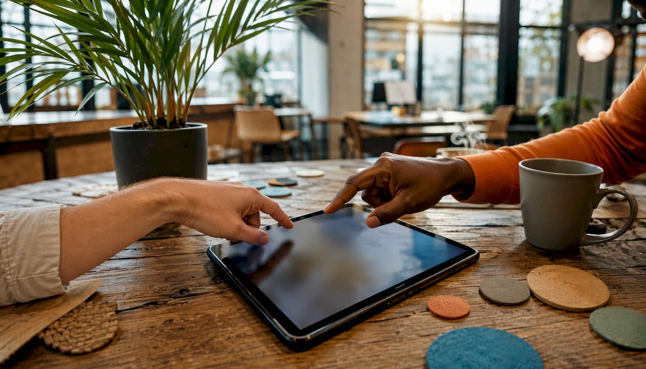 Close-up of hands using laptop for AI recruiting