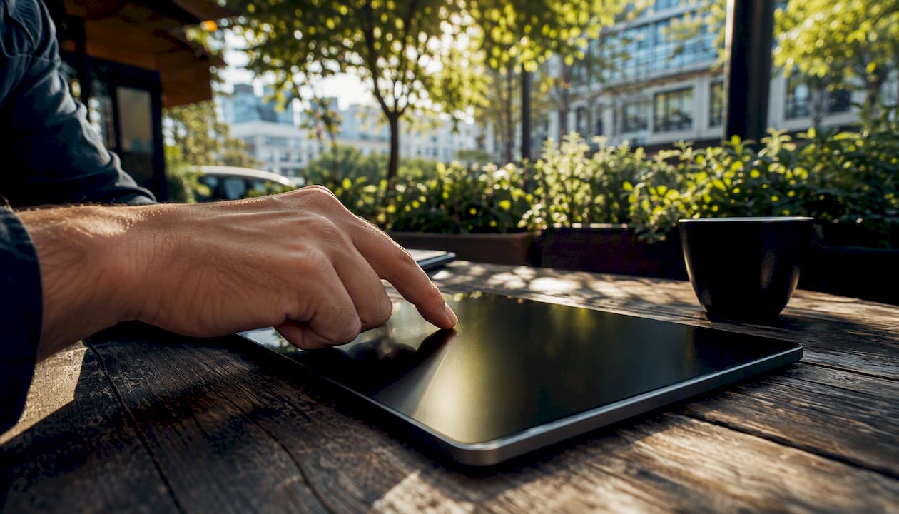 Person adjusting tablet settings in office