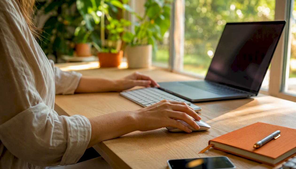 Hands setting mouse beside laptop on desk