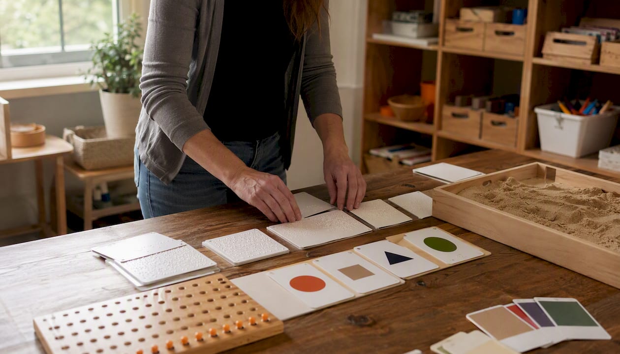 Hands arranging tactile and large print learning aids