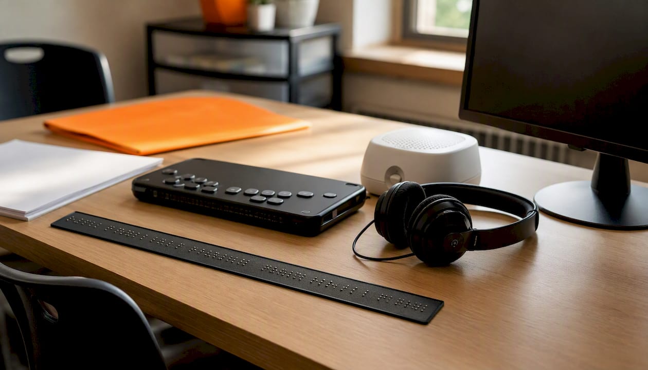 Accessible test setup with Braille labels and headset