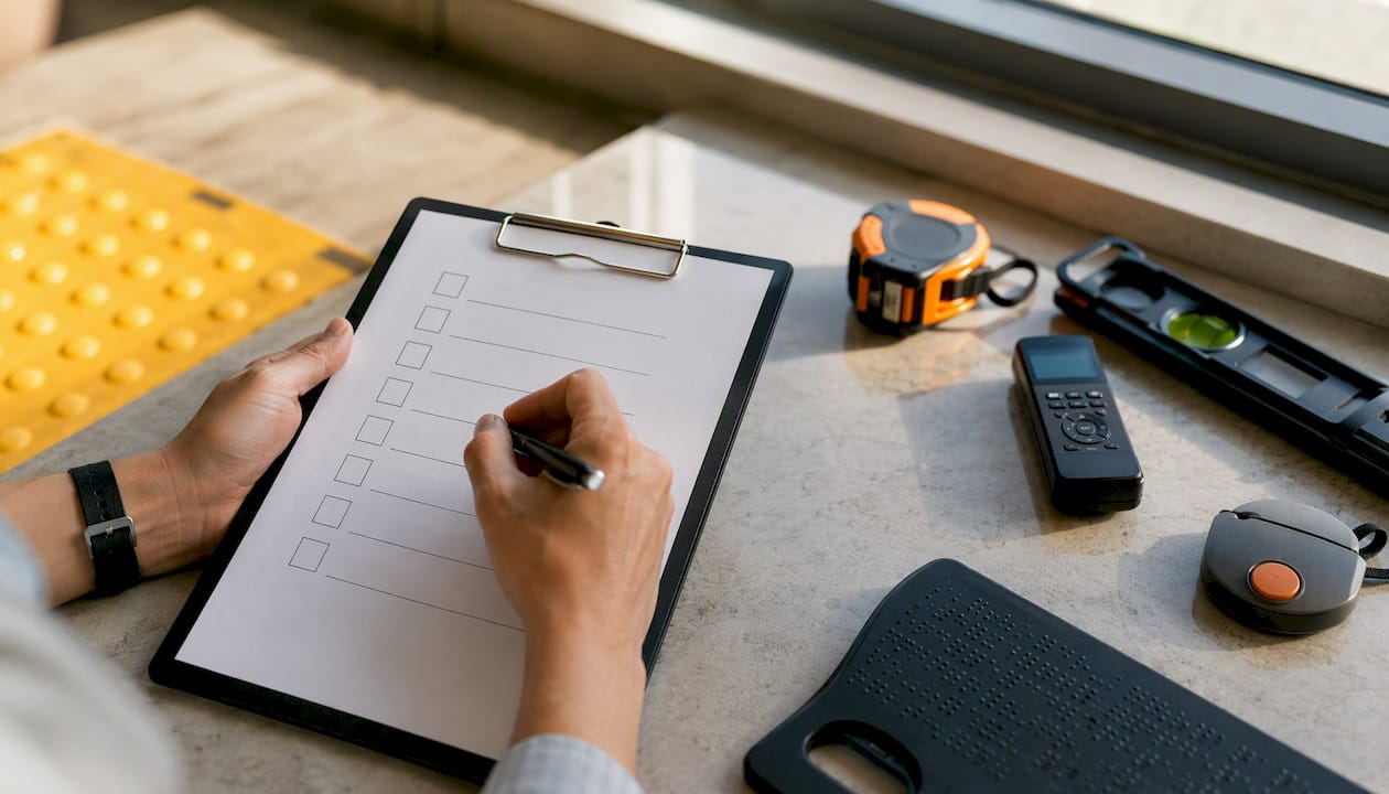 Hands checking accessibility checklist on clipboard