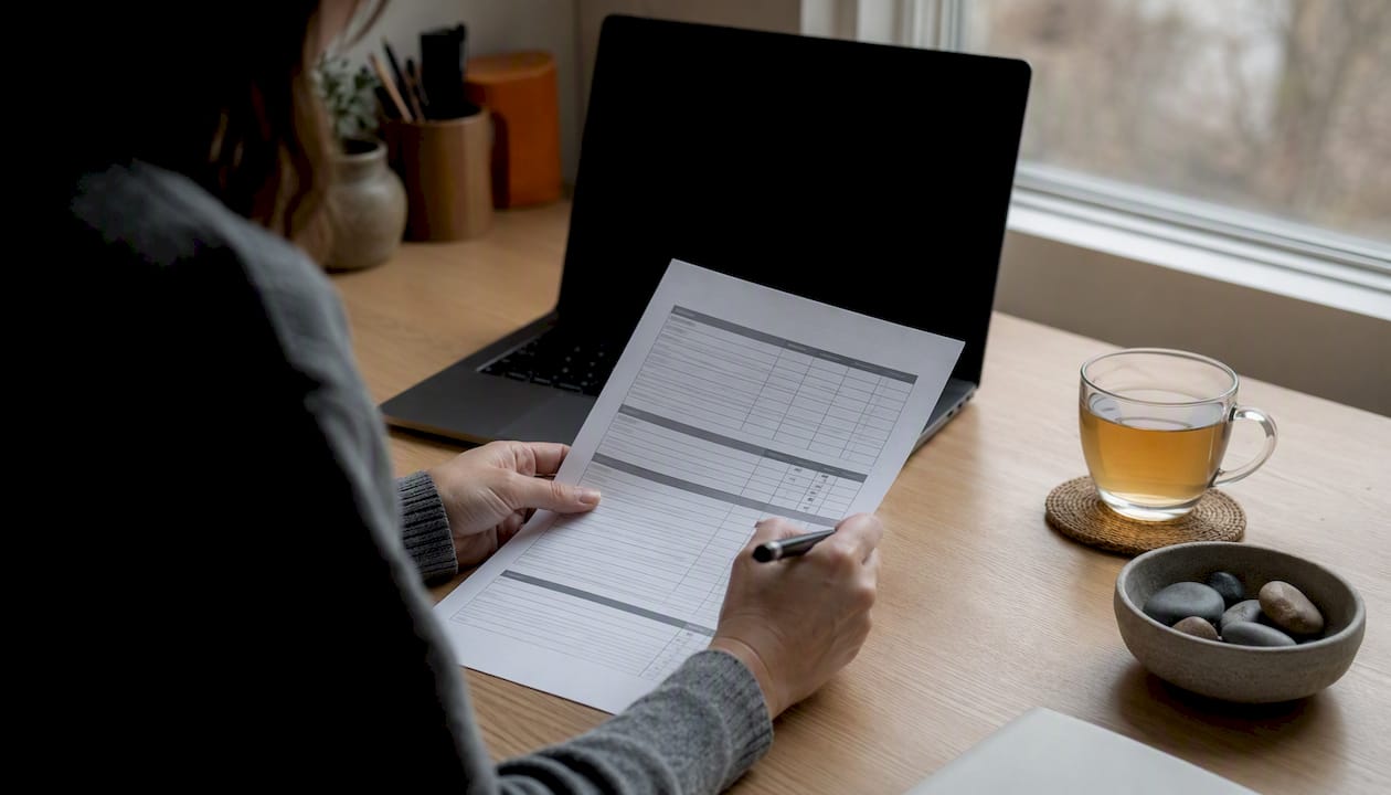Hands adjusting structured interview scorecard on desk
