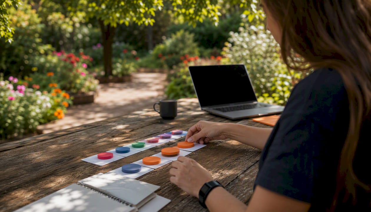 Hands arranging workflow blocks on table