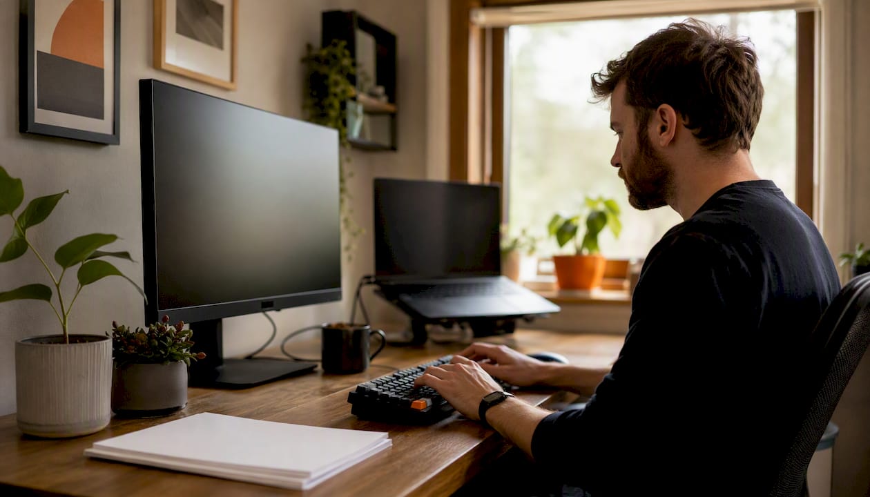 Developer's hands writing notes next to laptop and coffee