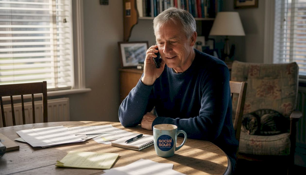 Senior man on phone at kitchen table