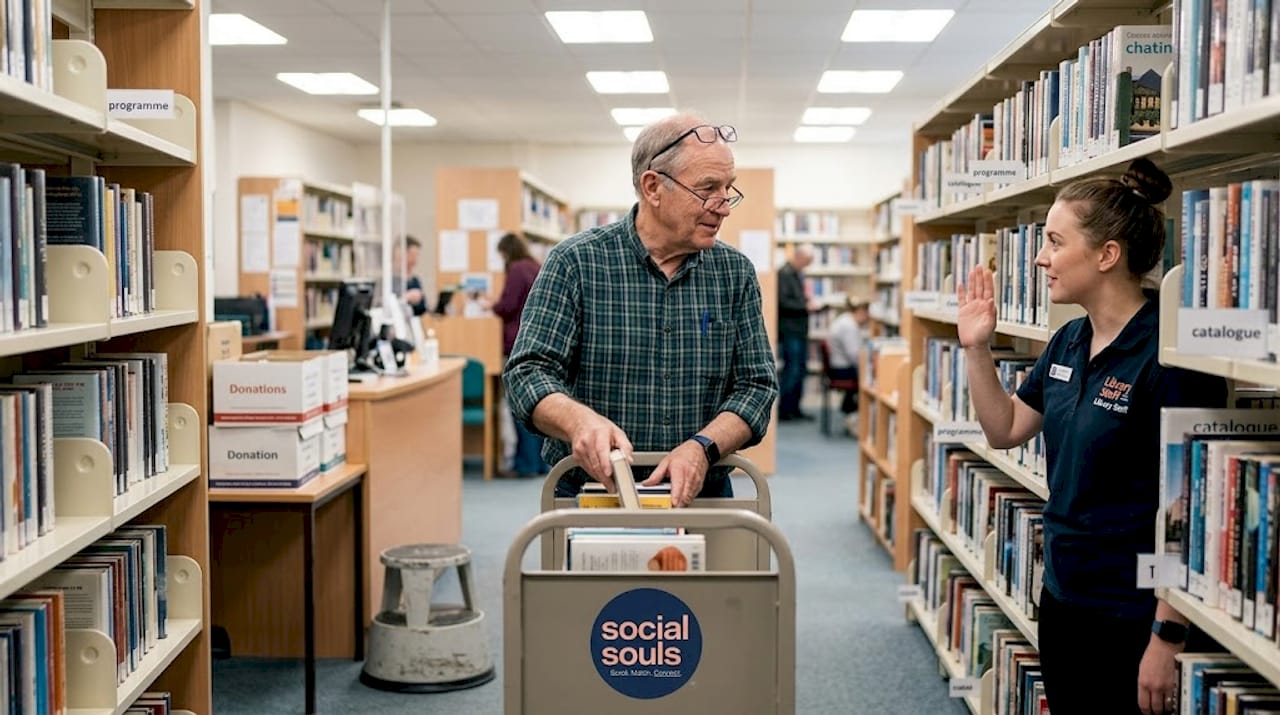 Older volunteer organizing books in library