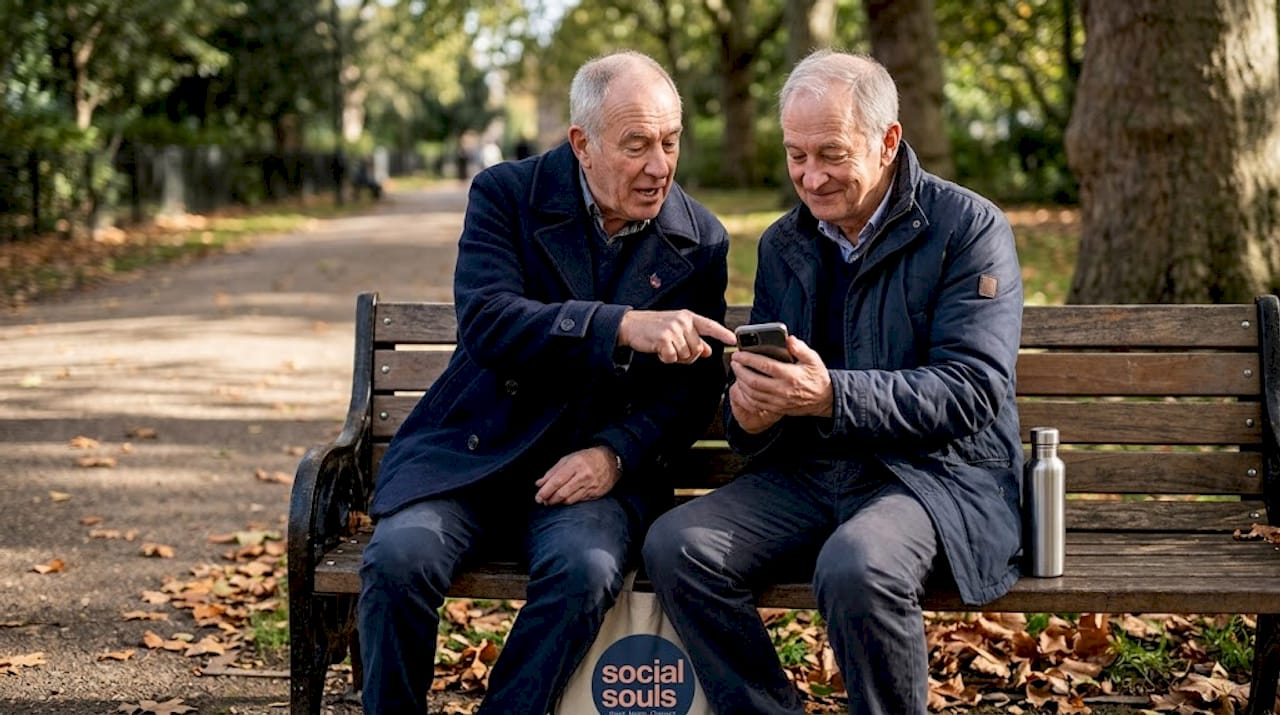 Two older men discussing smartphone in park