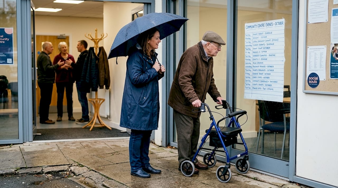 Senior with walker and daughter outside event