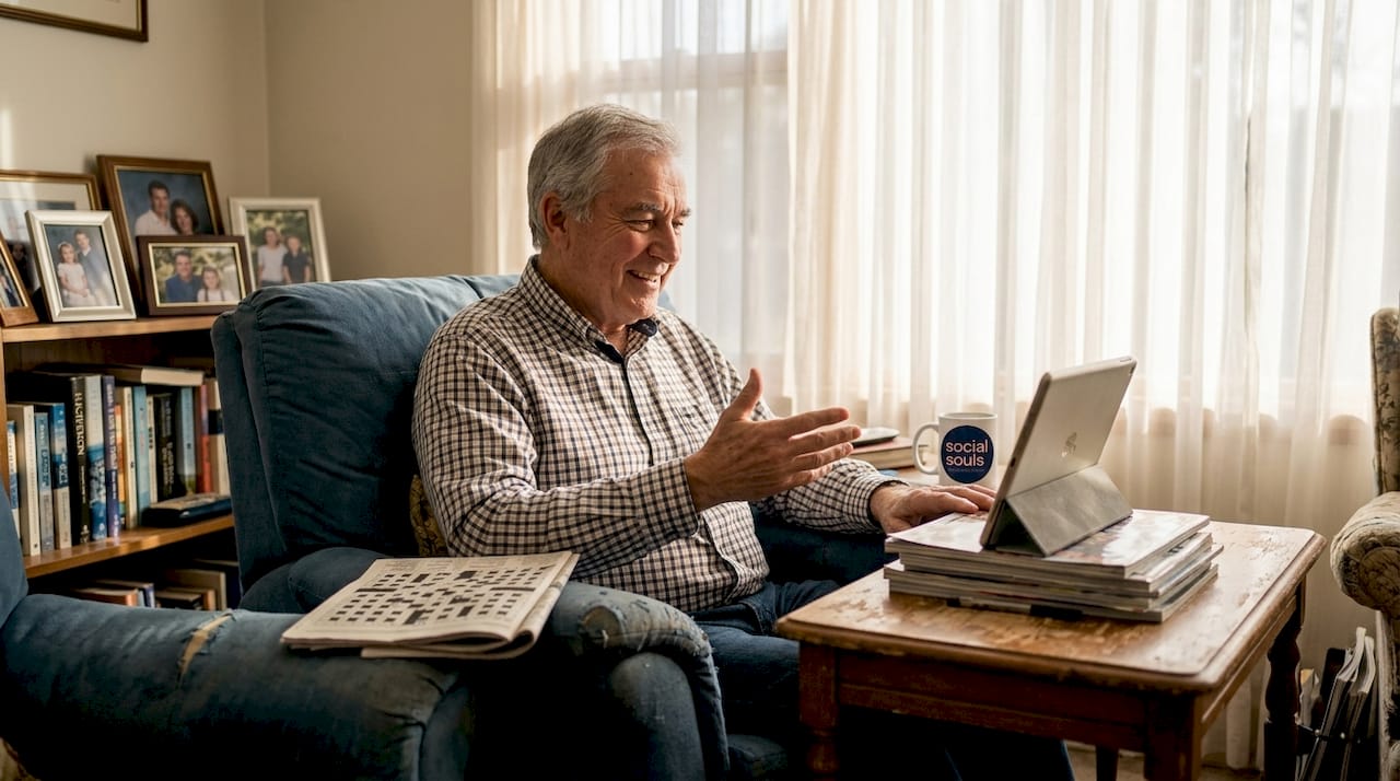 Senior man video calling from home armchair