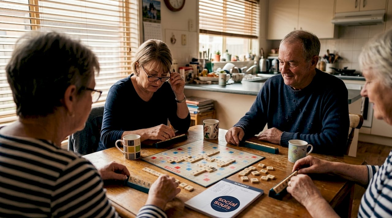 Older adults playing Scrabble in sunlit kitchen