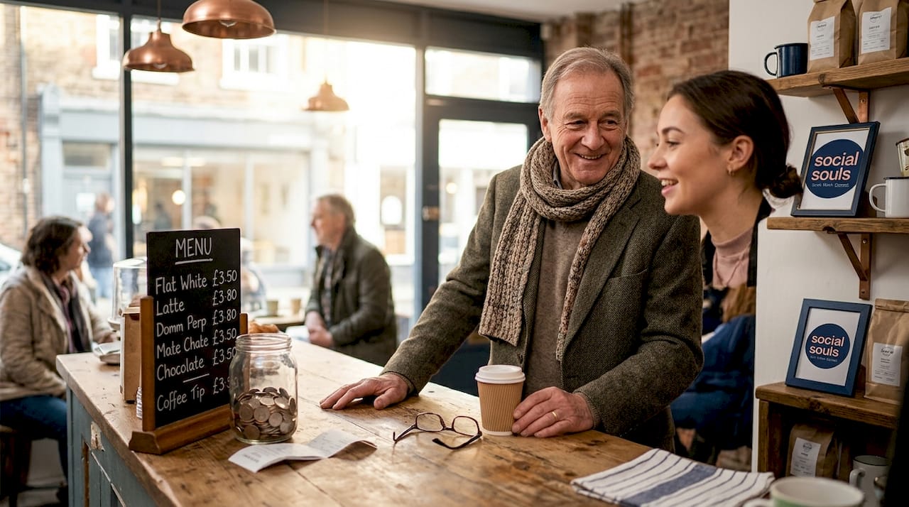 Senior man chats with barista in café