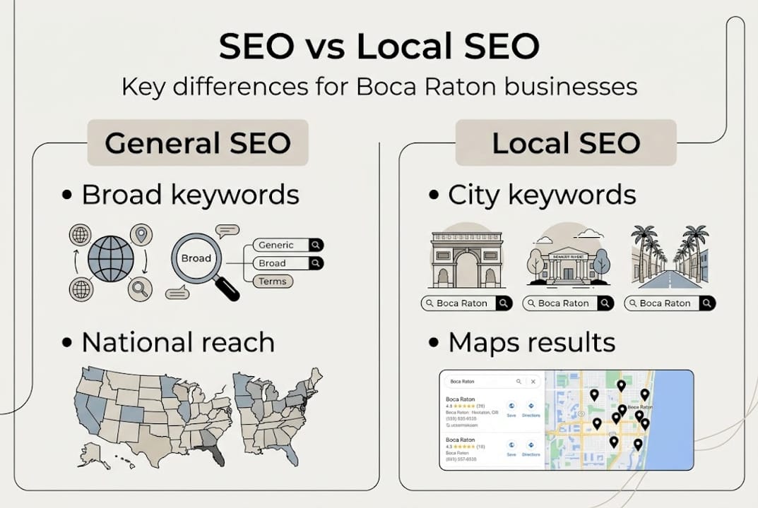 Infographic showing SEO vs Local SEO for Boca Raton