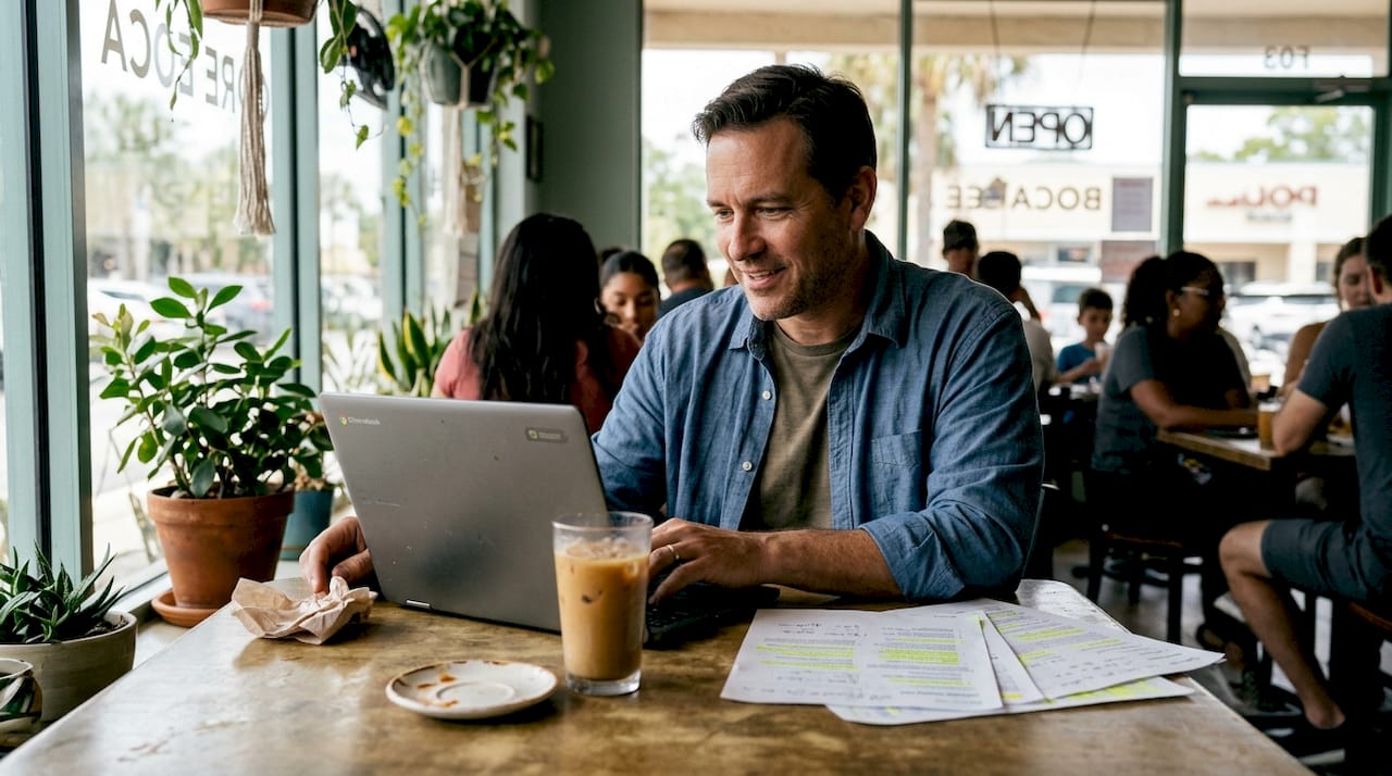 Manager updating business profile in Boca café