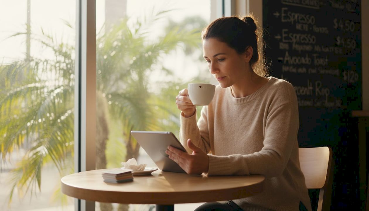 Business owner replying to online reviews in cafe