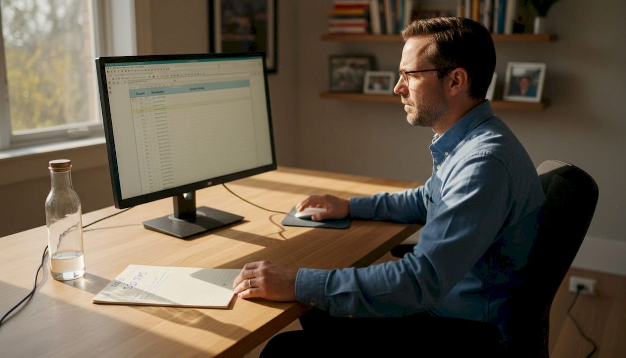 Man tracking SEO signals in home office