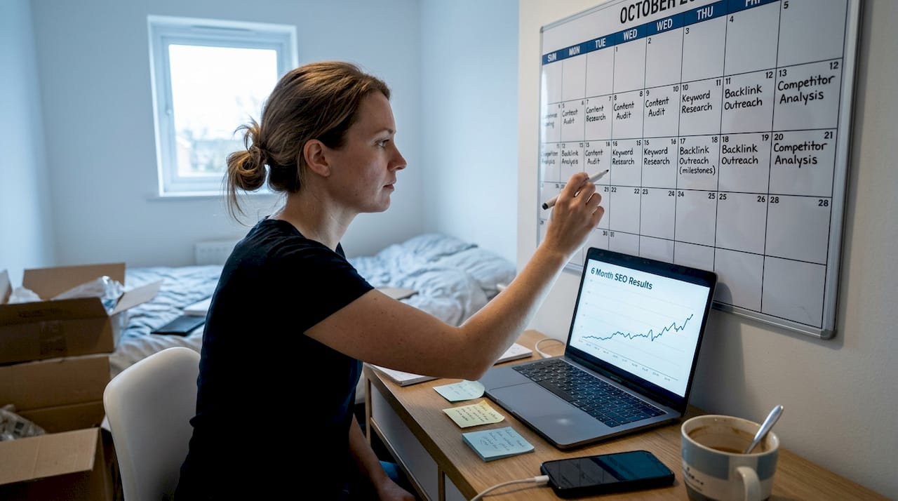 Person tracking SEO timeline on wall calendar