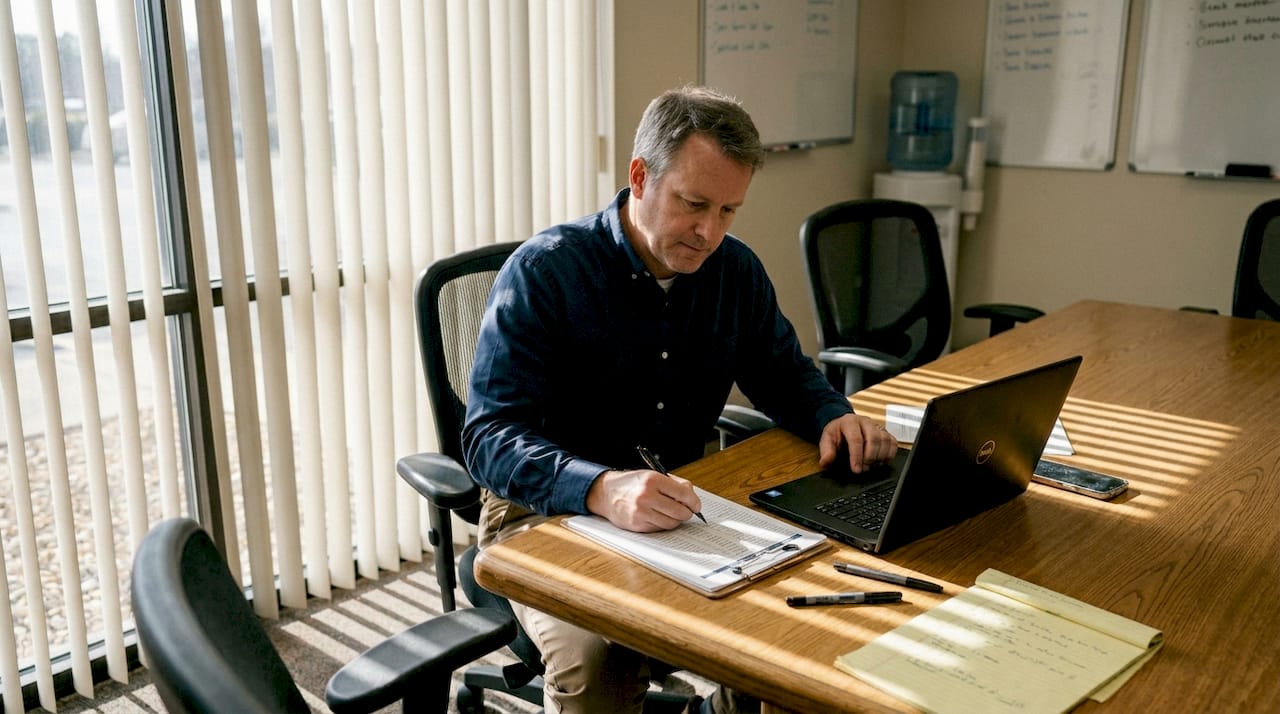 Sales manager checking leads at meeting table