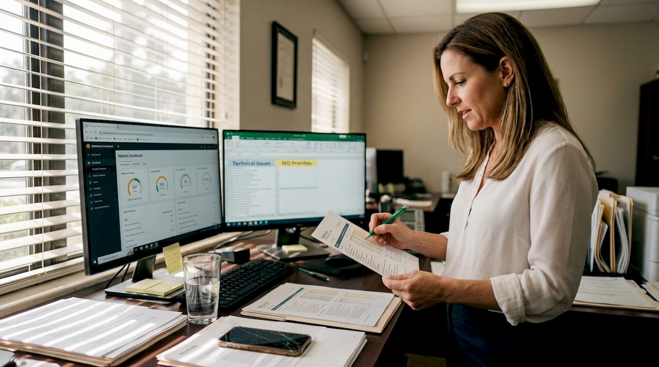 Law firm owner reviews technical SEO audit report
