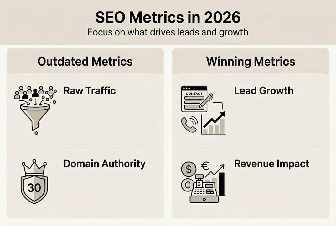 Infographic comparing outdated versus winning SEO metrics