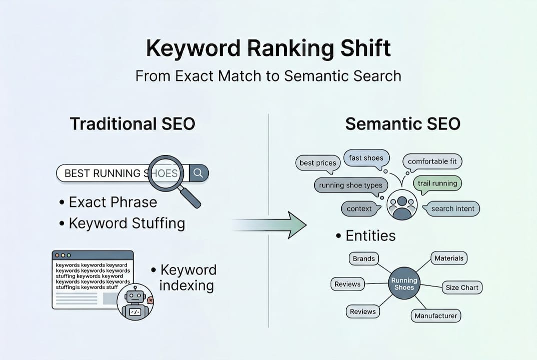 Infographic comparing traditional vs semantic keyword ranking