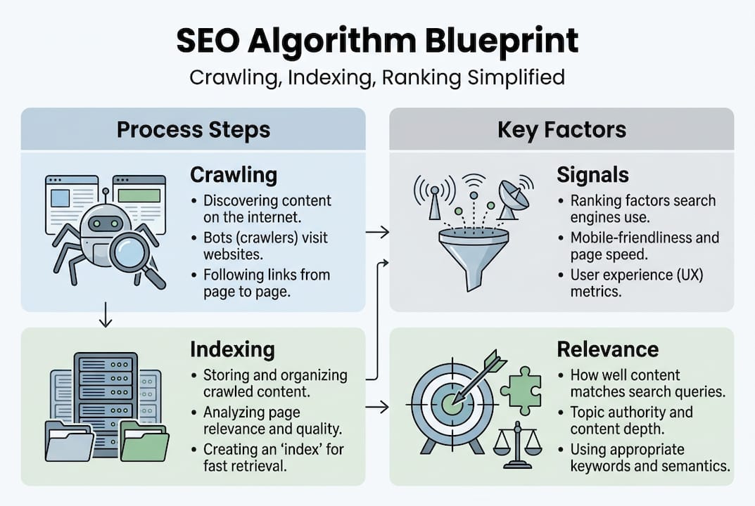 Infographic showing search algorithm workflow