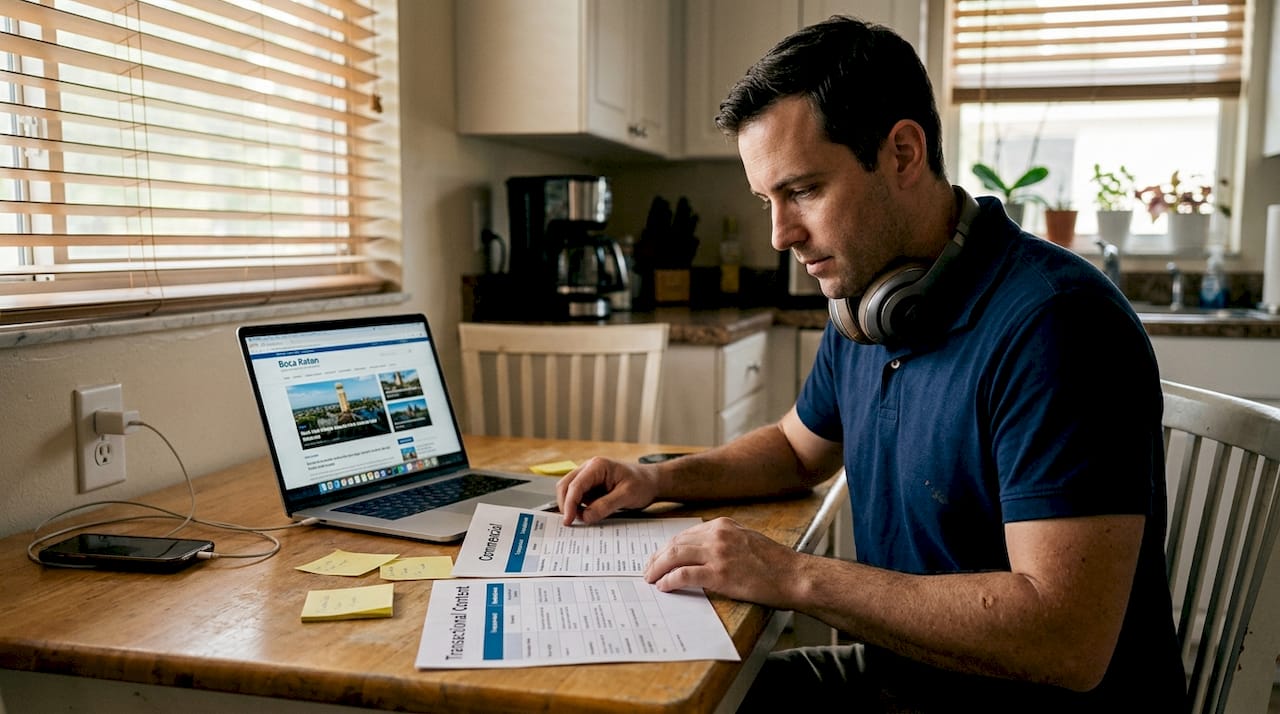 Man comparing SEO content charts at kitchen table