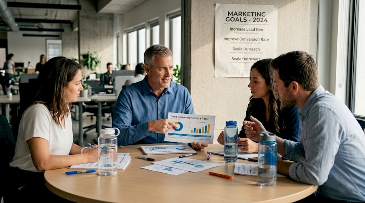 Team reviews printed lead conversion graphs