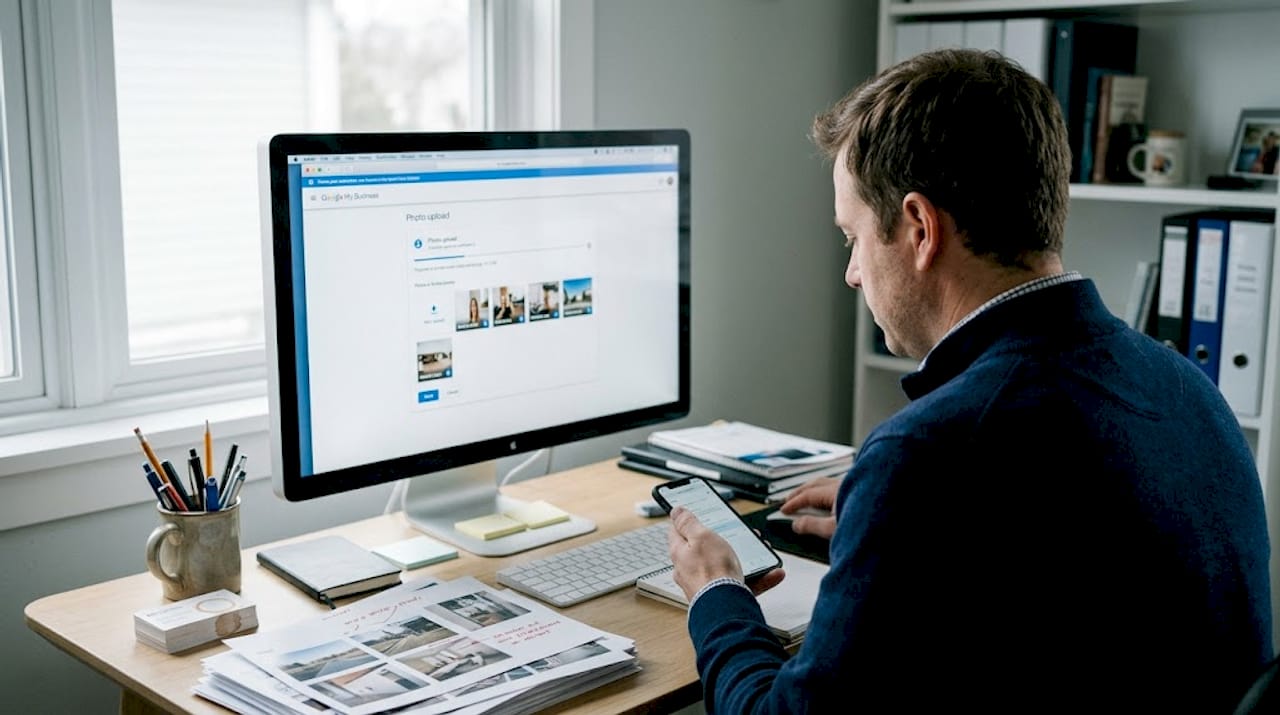 Manager uploads fresh photos in home office