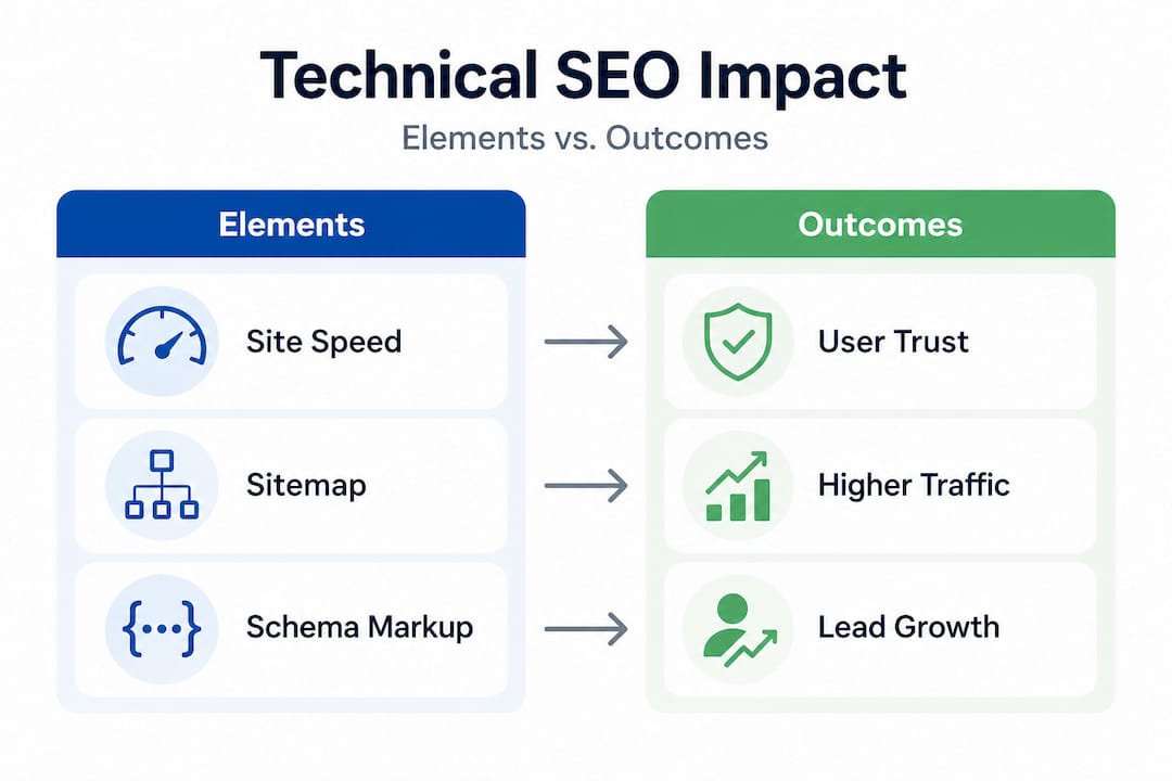 Technical SEO elements and business outcomes comparison