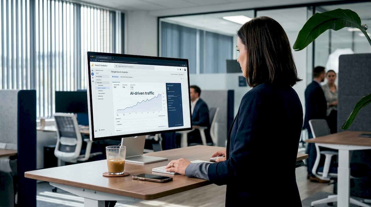 Marketer reviewing AI-driven local search analytics