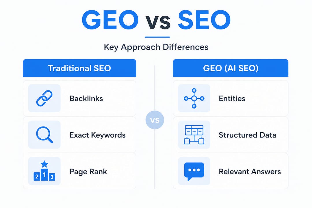 Infographic comparing GEO and traditional SEO features