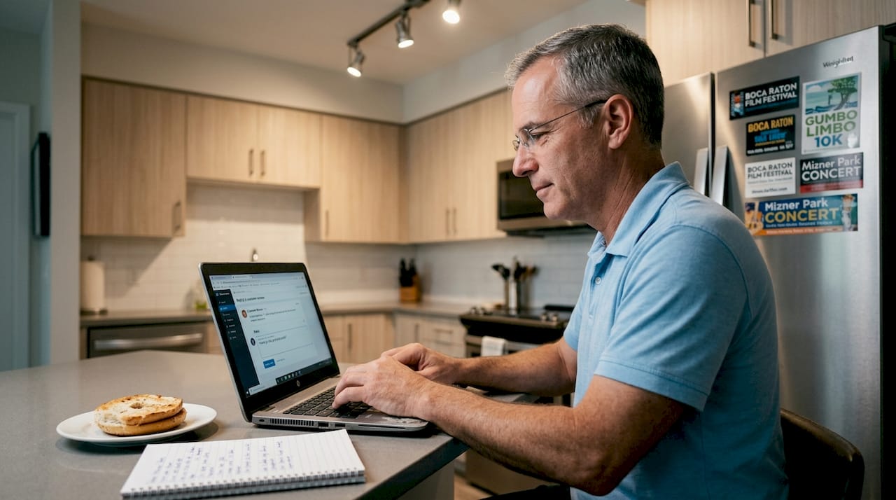 Business owner replying to online reviews at kitchen counter