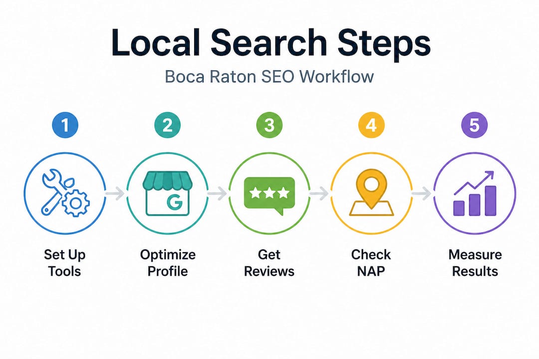 Step-by-step vertical infographic local SEO Boca Raton