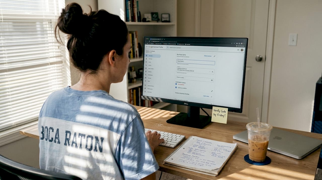 Marketer updates Google Business Profile at desk