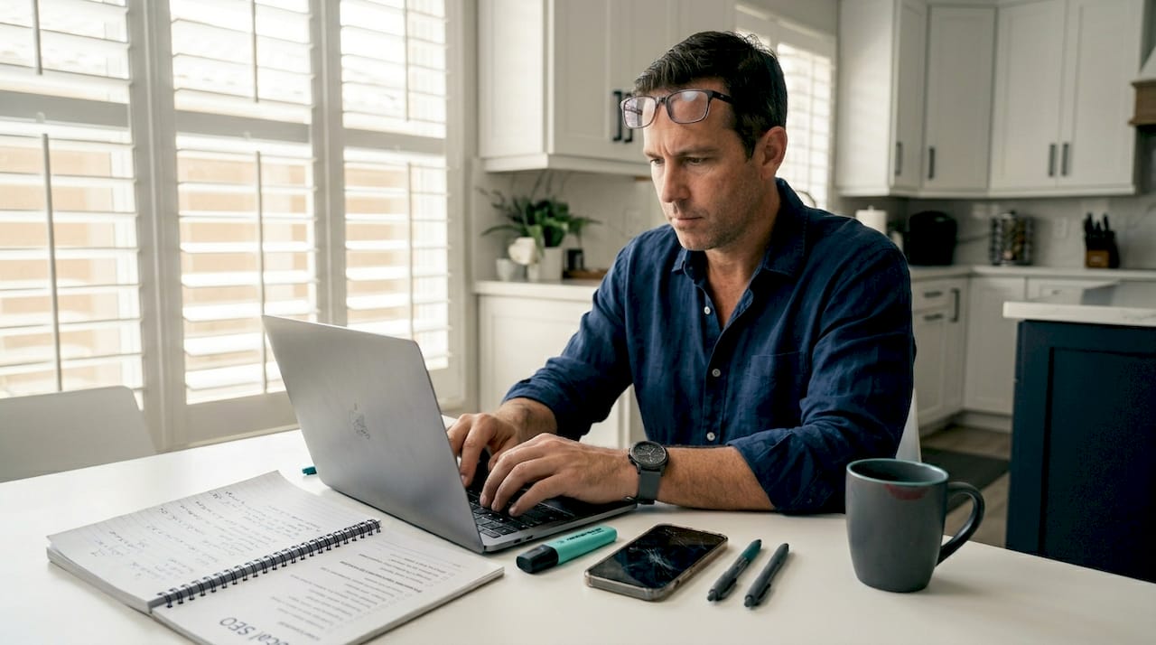 Small business owner working on SEO checklist at kitchen table
