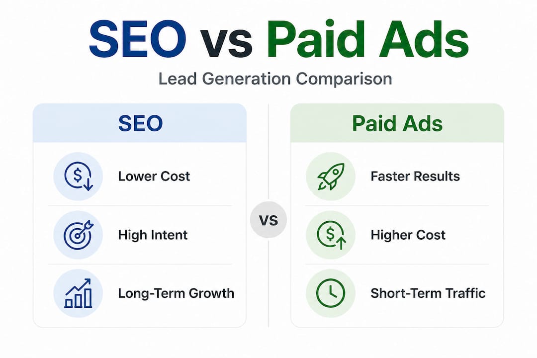 Infographic comparing SEO and paid advertising