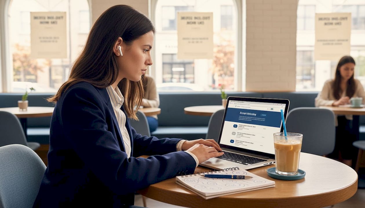 Person checking online business citations at café table