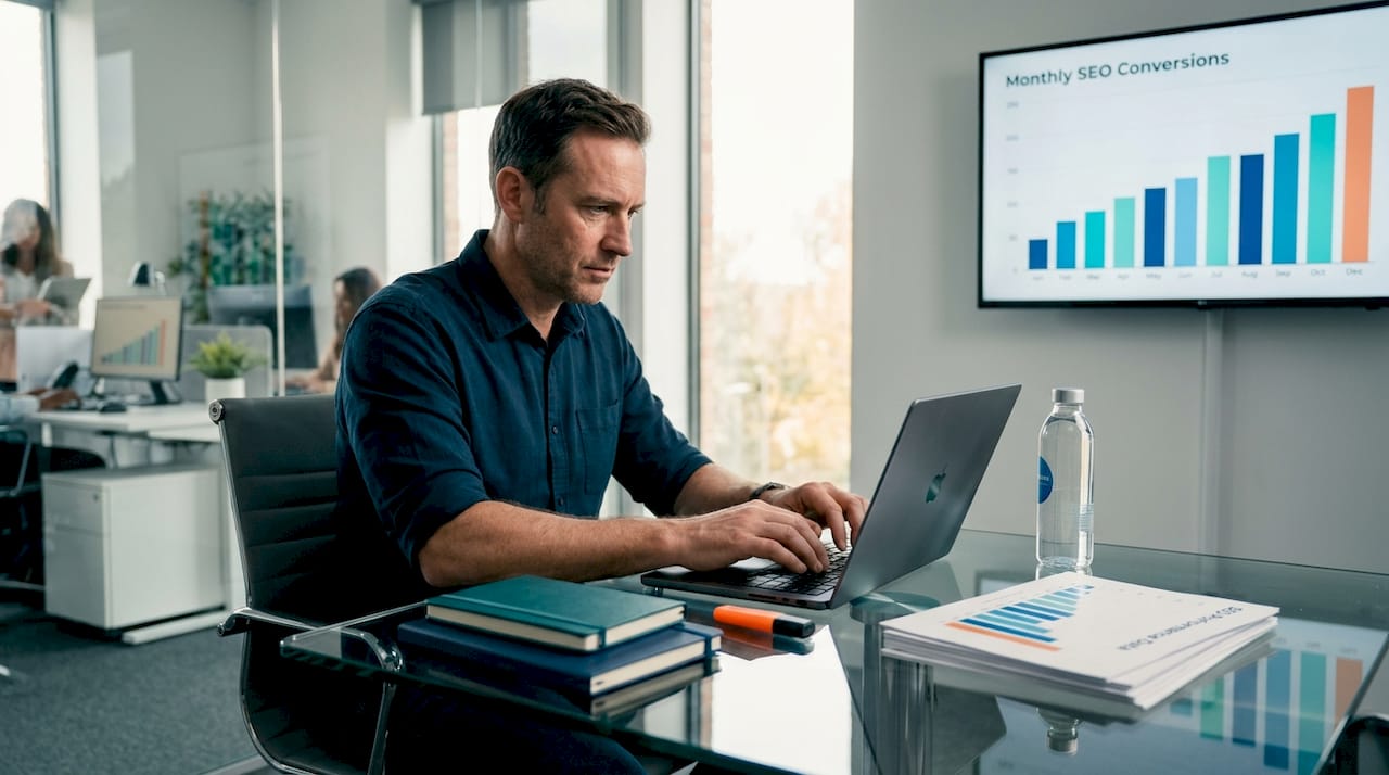 Man reviewing SEO reports in conference room