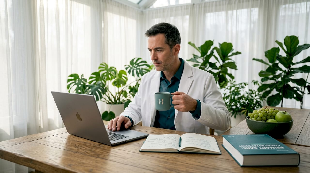 Doctor reviews patient feedback on laptop in lounge