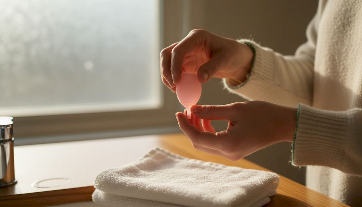 Hands demonstrating menstrual cup positioning