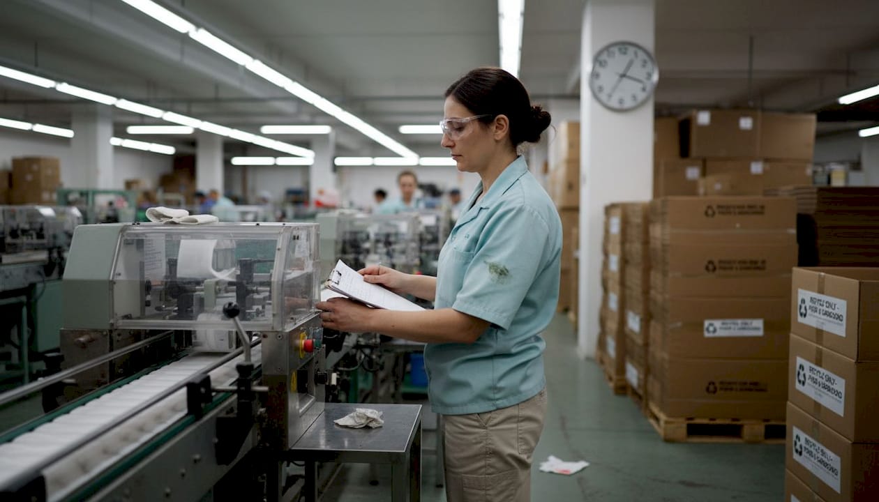 Factory worker oversees period products assembly line
