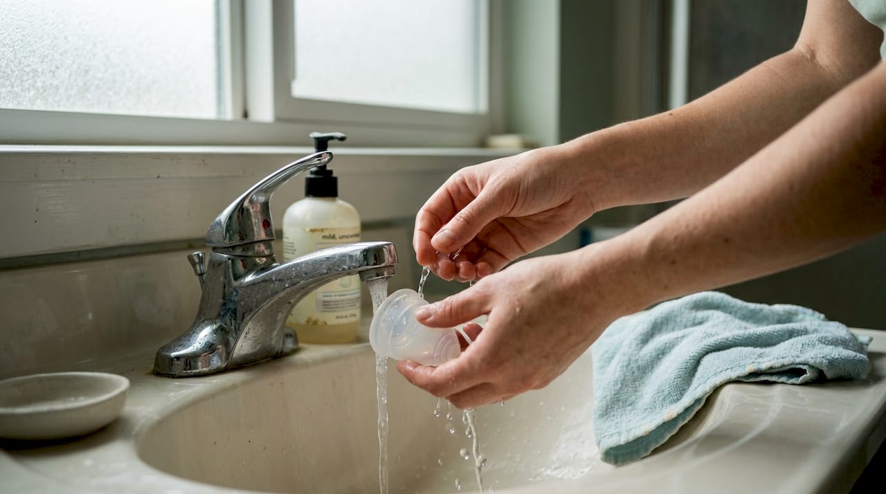 Hands rinsing menstrual cup in bathroom sink