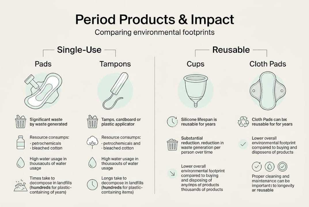 Infographic comparing reusable and single-use menstrual products